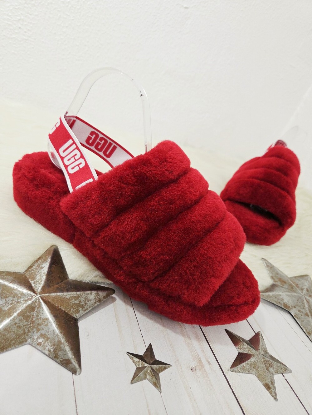 Ugg Fluff Yeah slide sandals ribbon red fur slingback slippers women's Size 11